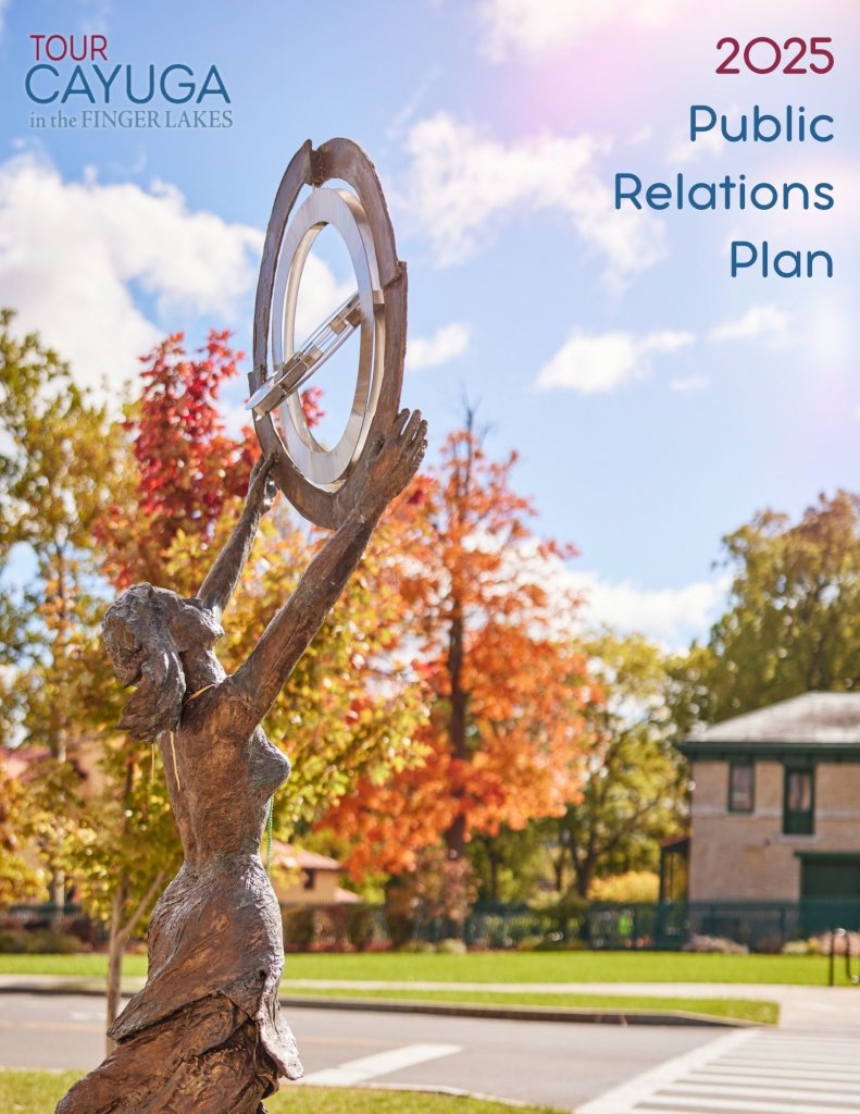 Cover of PR Plan for 2025 showing the art installation of a women holding a sphere titled Sky Women.