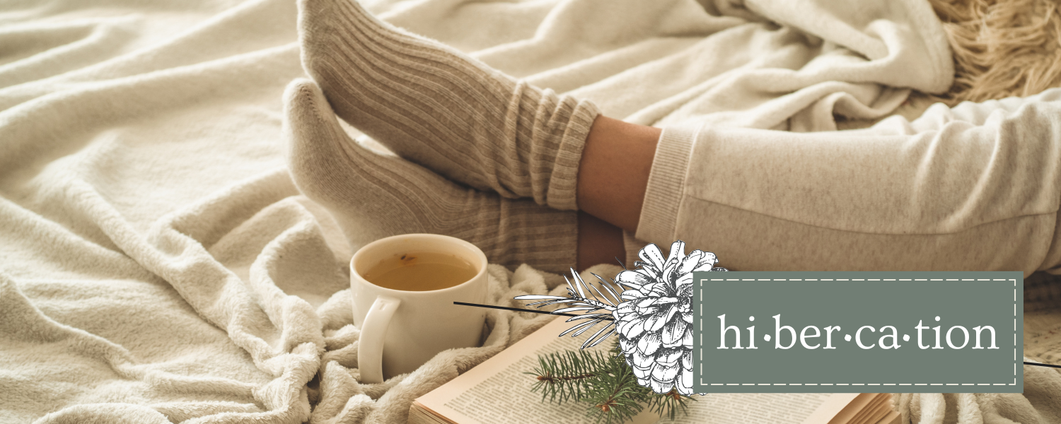 Hibercation photo of comfy slippers, book and warm drink in a mug