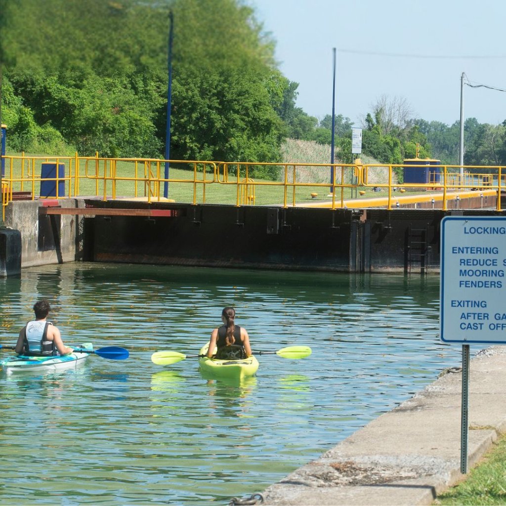 kayak waiting for the lock to open on the to enter the Erie Canal in Cayuga NY