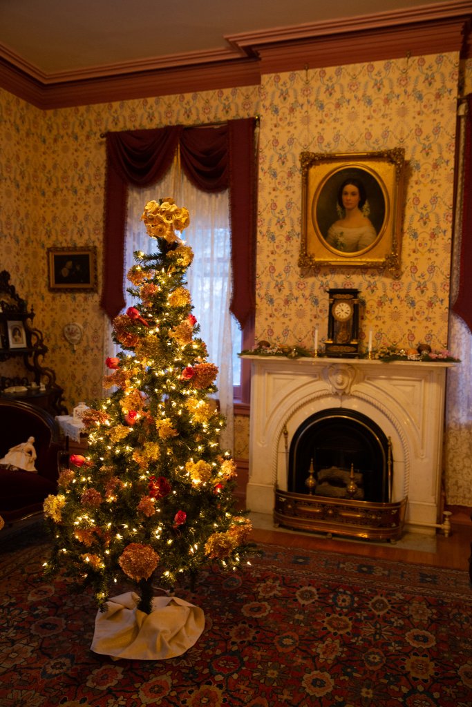 Seward House Museum room decorated for the holiday with a Christmas tree