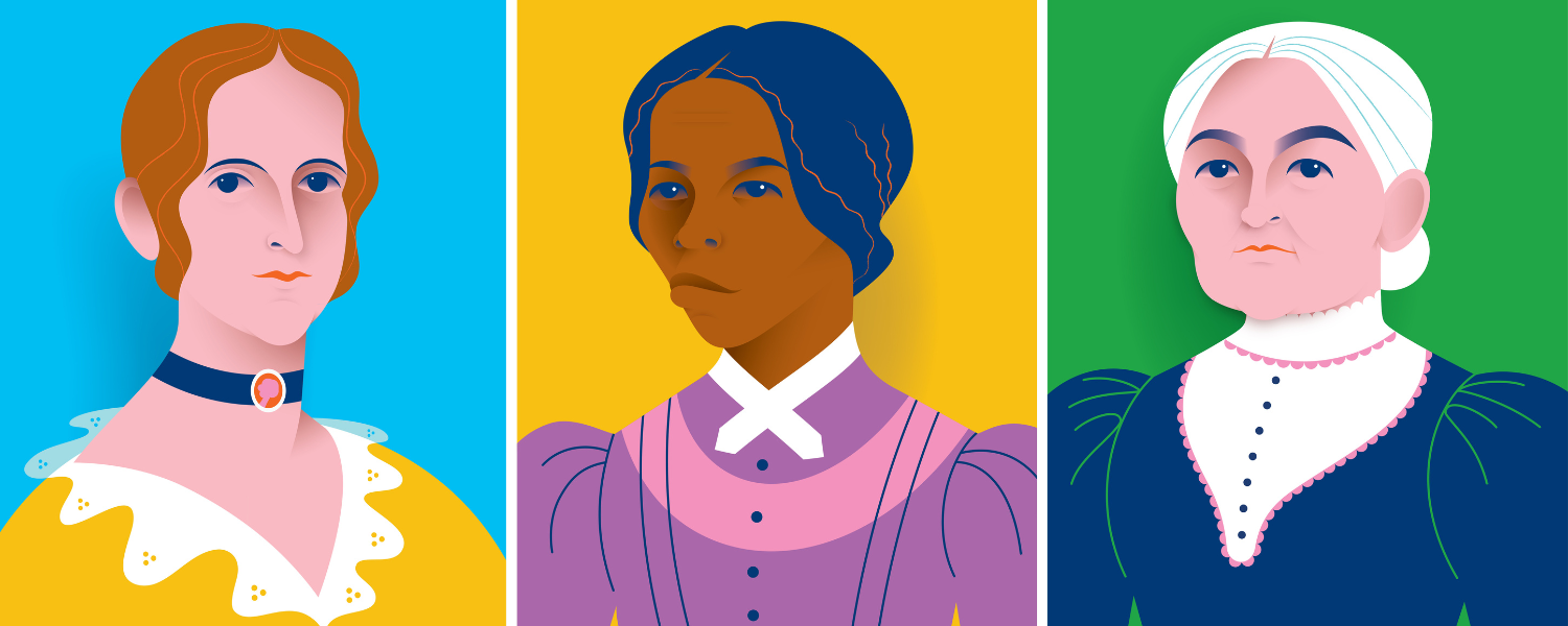 Colorful Illustration of three brave women in history-Frances Seward,Harriet Tubman and Emily Howland