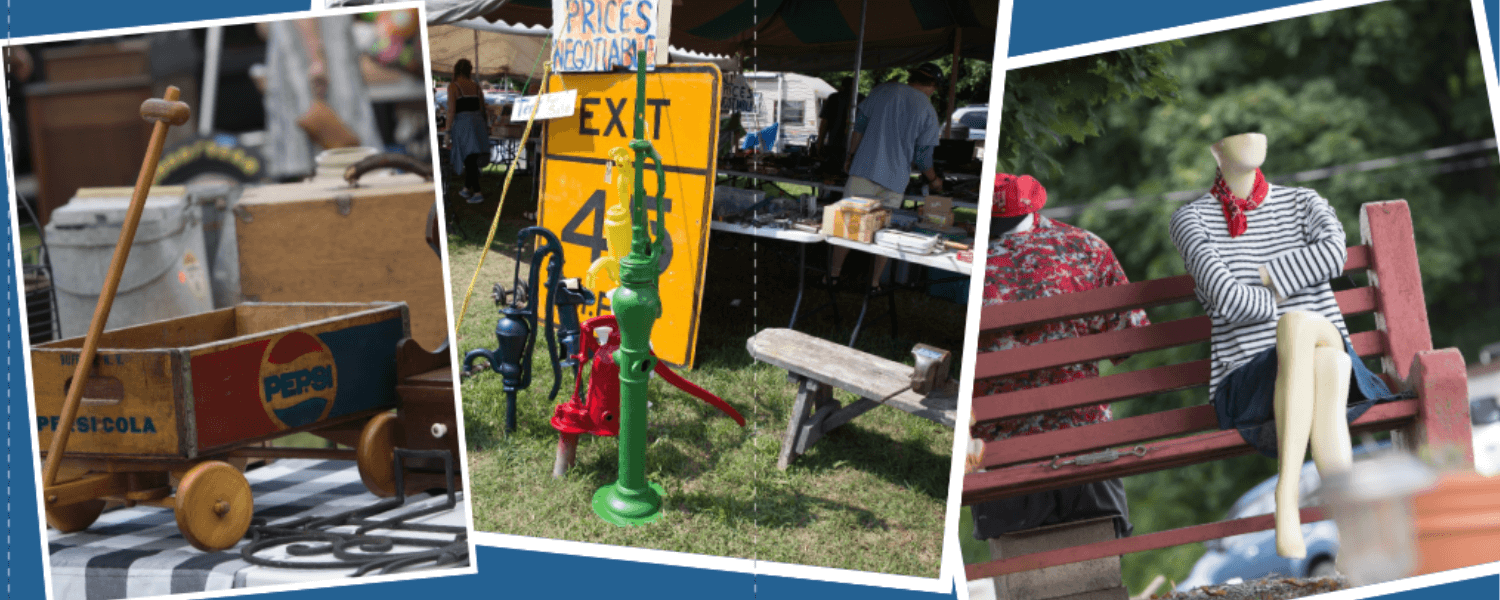 Three photos of garage sale finds. Picture one is of a wooden wagon, tow is of a yellow road sign and last one is of clothing