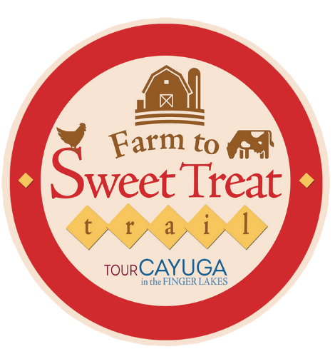 2025 Sweet Treat Trail Logo. Red Circle with the wording Farm to Sweet Treat on it, includes a clip art picture of a cow and chicken